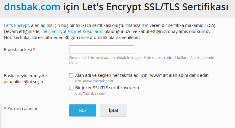 Plesk Let's Encrypt Kurulum Ekranı